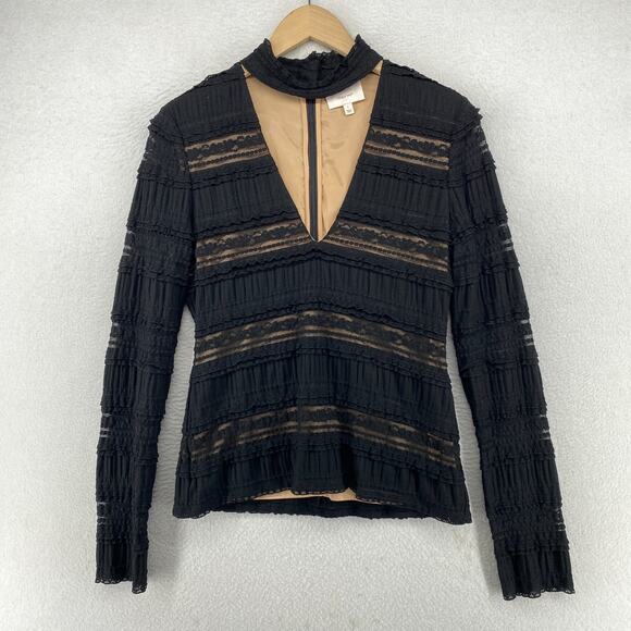 CINQ A SEPT Top L Cecily Cutout V-Neck Choker Lace Goth Lined Long Sleeve Black - Picture 1 of 12